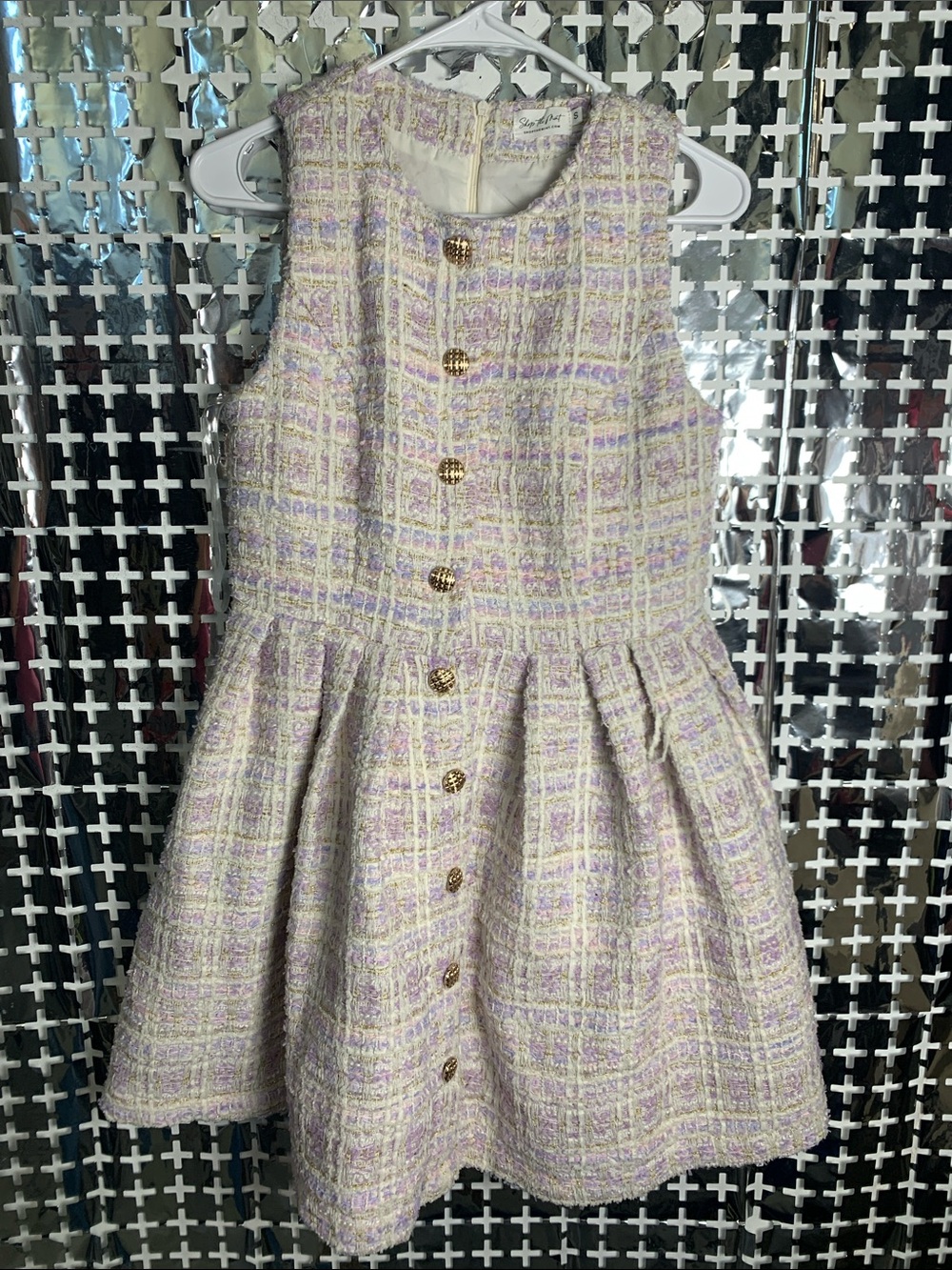 Shop the Mint Sleeveless Tweed Mini Dress in Lavender and Cream by